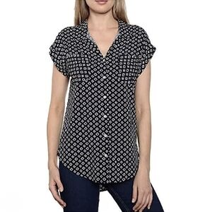 Jachs NY Girlfriend Boho Shirt L Geometric Rayon Button Down Navy Classic Casual